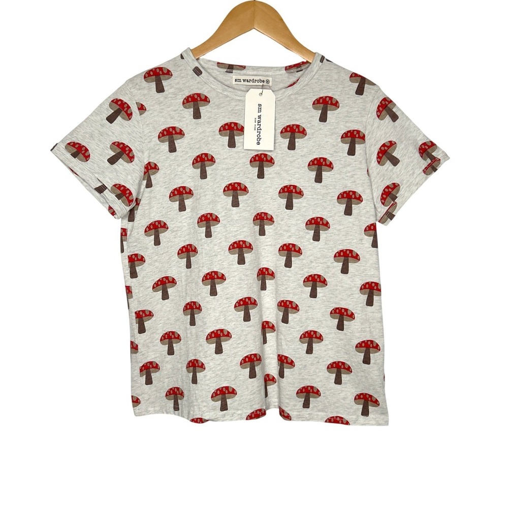 NWT SM Wardrobe Mushroom Print Tee M Gray 100% Cotton Cottage Goblincore Novelty